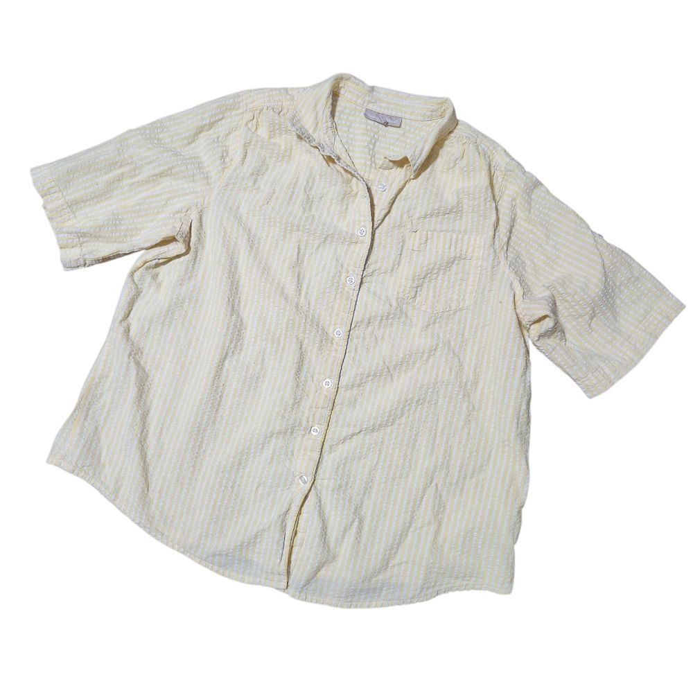 Woman Within Seersucker Shirt Plus Size 22 24 1X Yellow White Stripe Short Sleev